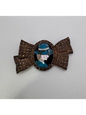 925 TH Sterling Silver Turquoise Abalone MOP Onyx Inlay Marcasite Bow Brooch